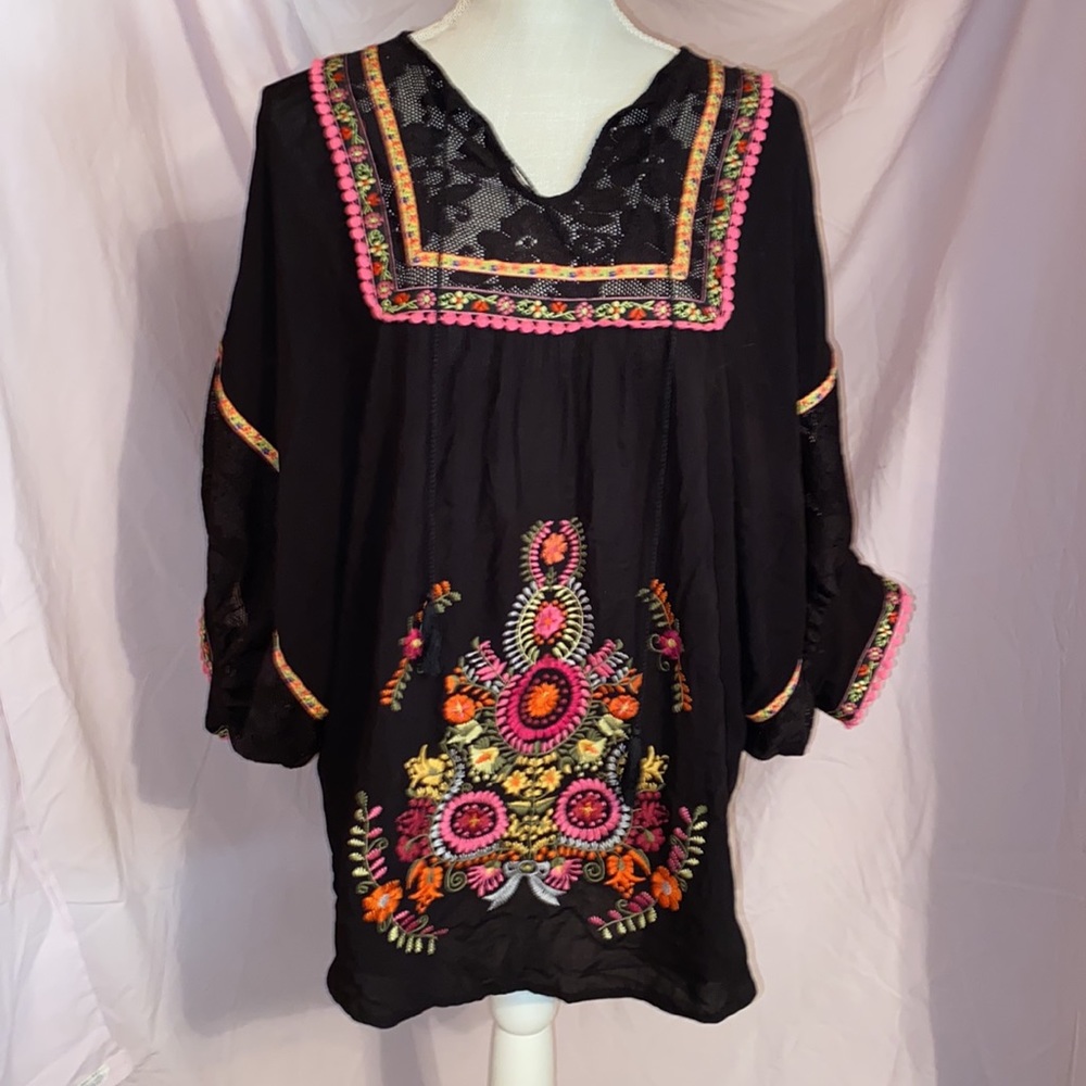 Black multi colored embroidered top